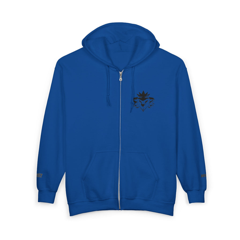 Zip Hoodie with Minimal Lion Crest — Small Chest & Sleeve Logo